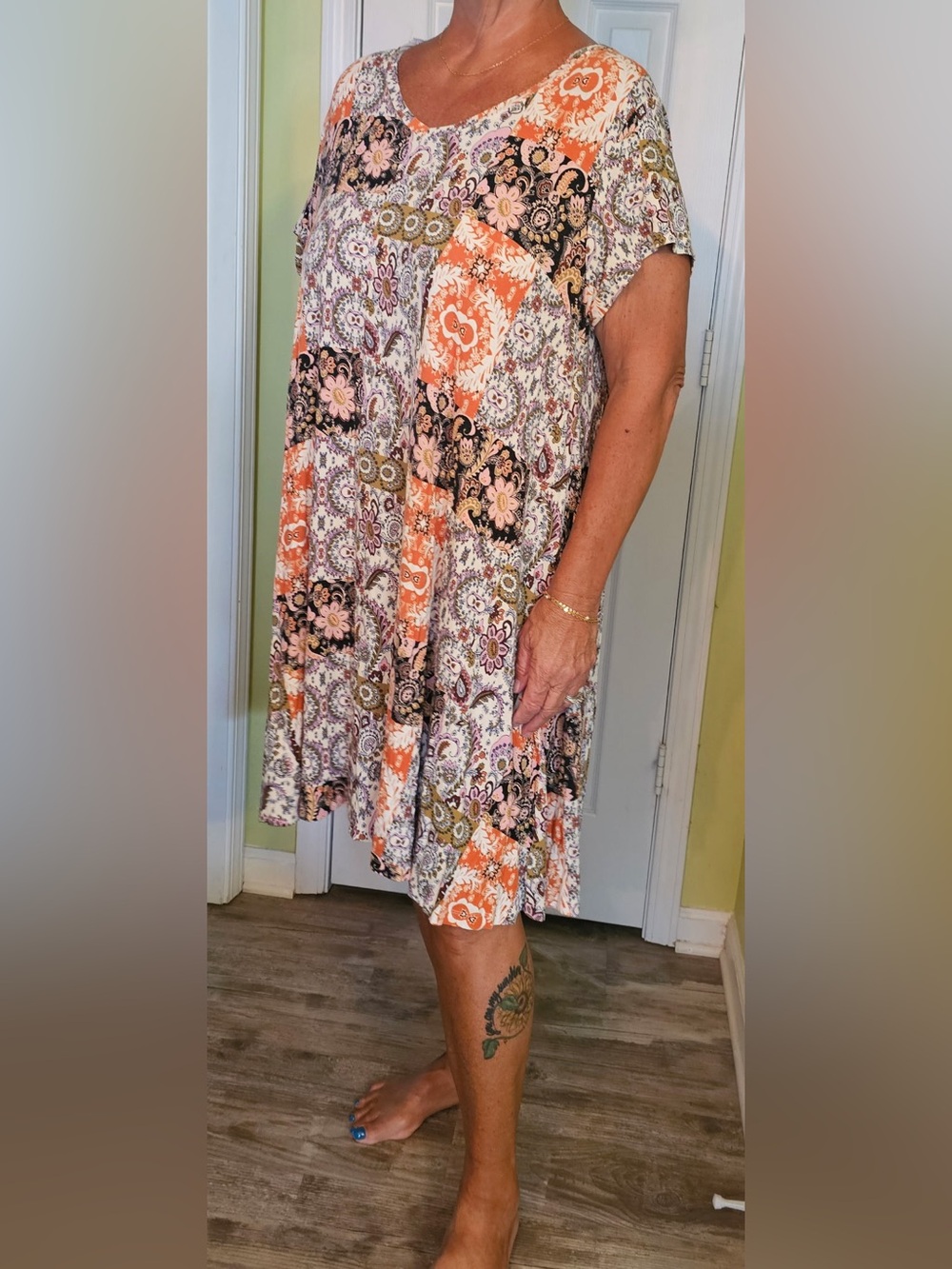 Rachel Zoe Multicolor Patchwork Floral Orange, Black & Cream Dress. Packable!